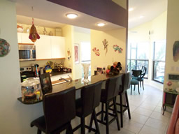 A casual dining counter looks into the kitchen